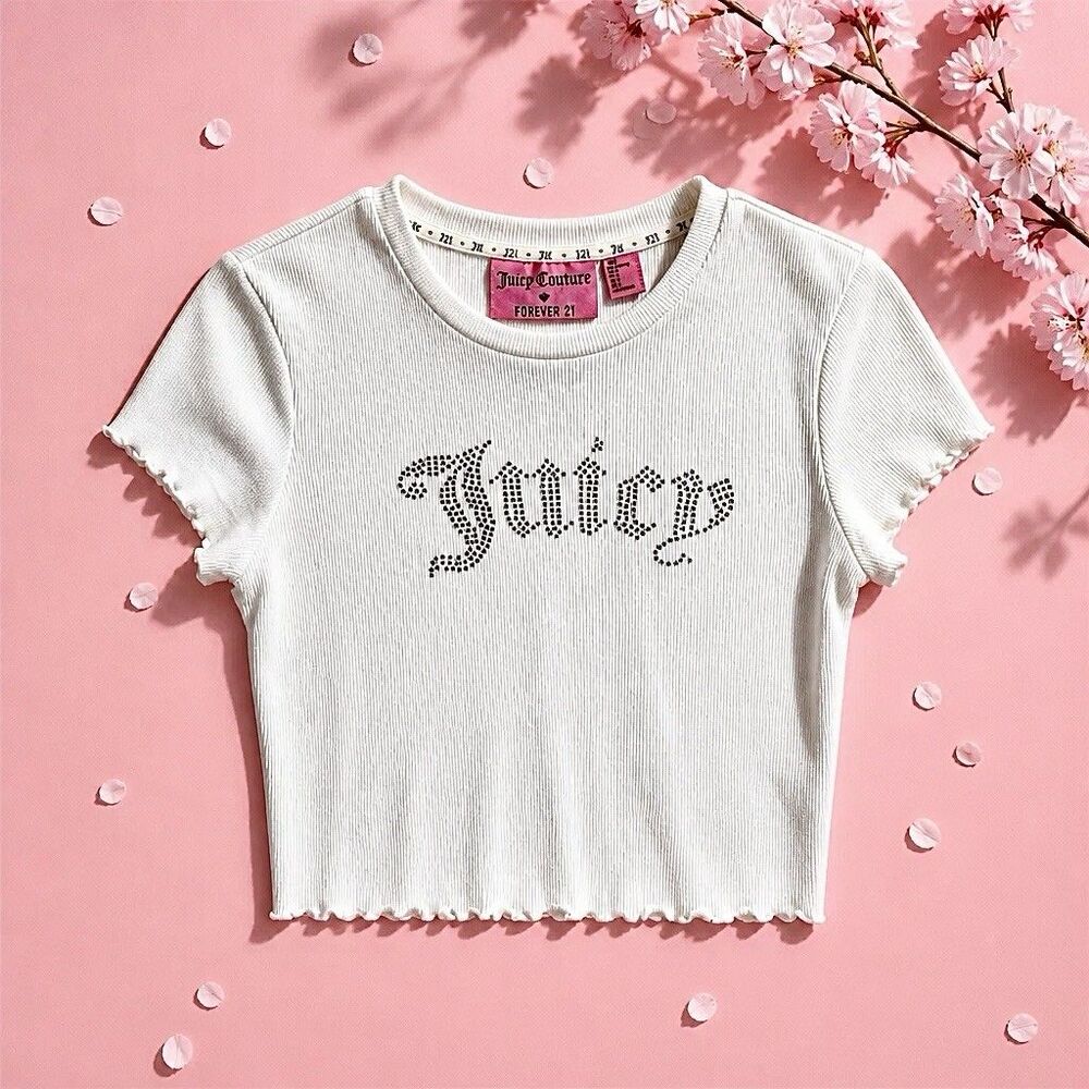 Juicy Couture w/ F21 Cropped Baby Tee Rhinestone On White Lettuce Hem Top